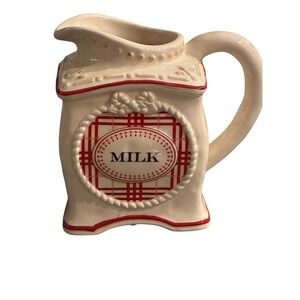 Grasslands Road Ceramic Milk Pitcher Cream Red Plaid Farmhouse Cottagecore Jug